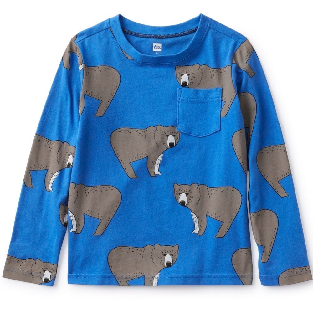 Tea Collection Boys Kids Bear Pattern Printed Blue Long Sleeve Pocket Tee. 7.